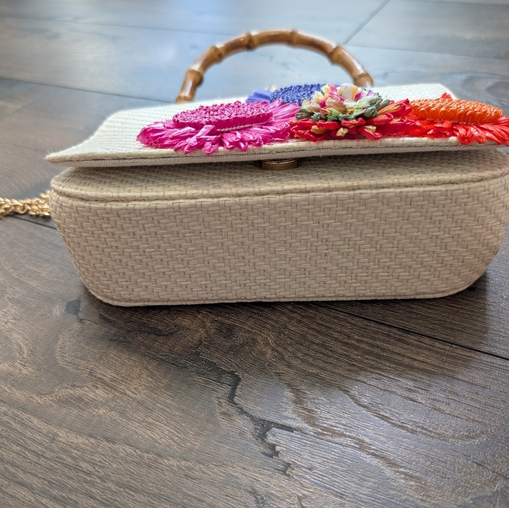 Haute Hippie White Woven Top-Handle Bag with Pink, Blue & Red Floral Appliqués - Picture 10 of 11